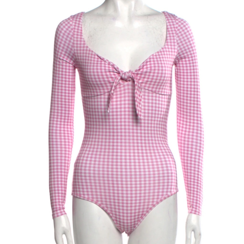 NWT CAROLINE CONSTAS Jessie checked stretch-jersey bodysuit